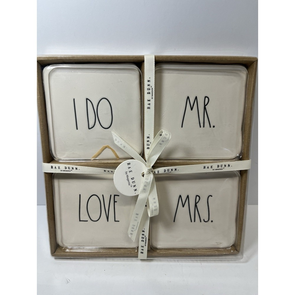 Rae Dunn Set of 4 "I DO" "MR." "LOVE" "MRS." Ceramic Coaster Set New Boxed